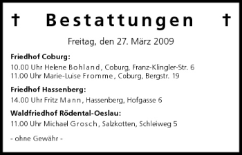 Anzeige von Bestattungen vom 27.03.2009 von MGO