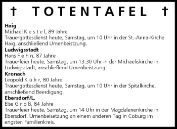 Anzeige von Totentafel vom 28.03.2009 von MGO