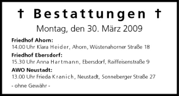 Anzeige von Bestattungen vom 30.03.2009 von MGO