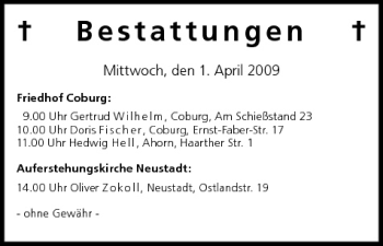 Anzeige von Bestattungen vom 01.04.2009 von MGO