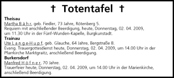 Anzeige von Totentafel vom 02.04.2009 von MGO