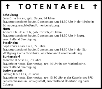 Anzeige von Totentafel vom 02.04.2009 von MGO