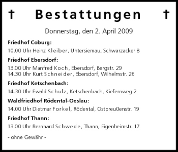 Anzeige von Bestattungen vom 02.04.2009 von MGO