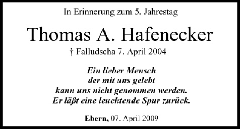  Traueranzeige für Thomas A. Hafenecker vom 07.04.2009 aus MGO