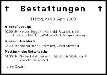 Anzeige von Bestattungen vom 03.04.2009 von MGO