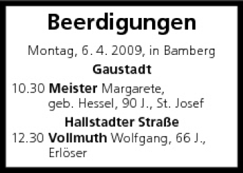 Anzeige von Beerdigungen vom 06.04.2009 von MGO