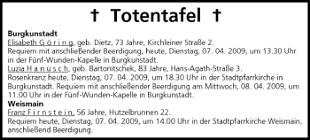 Anzeige von Totentafel vom 07.04.2009 von MGO