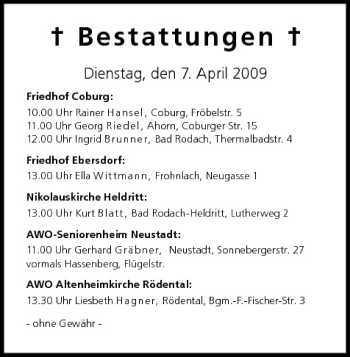 Anzeige von Bestattungen vom 07.04.2009 von MGO