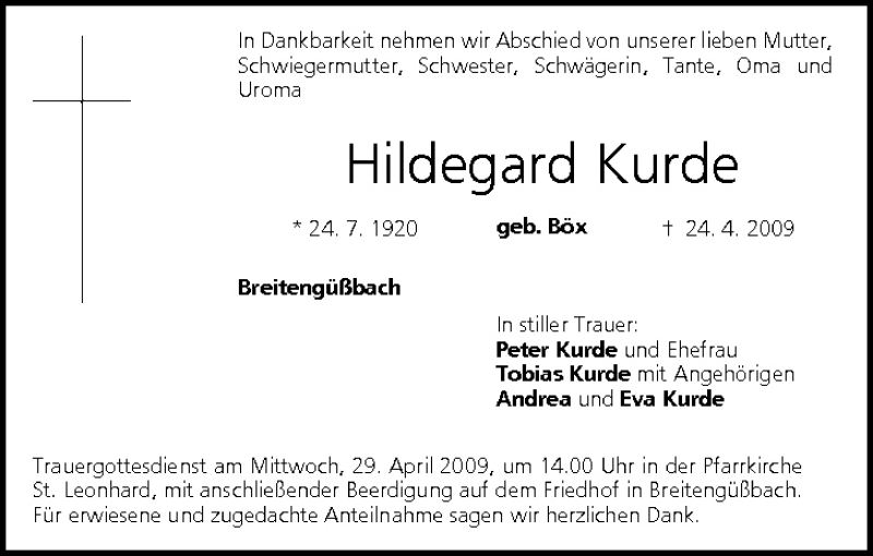  Traueranzeige für Hildegard Kurde vom 28.04.2009 aus MGO