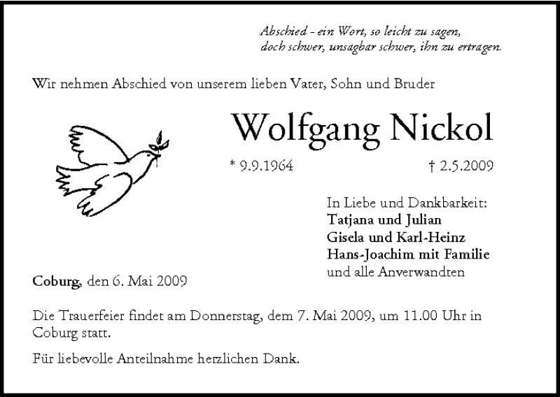  Traueranzeige für Wolfgang Nickol vom 06.05.2009 aus MGO