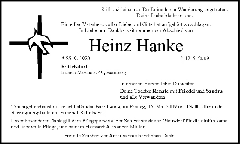 Heinz Hanke | Traueranzeige | trauer.inFranken.de