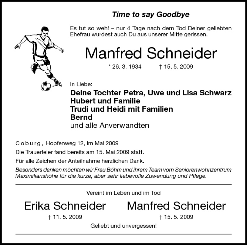  Traueranzeige für Manfred Schneider vom 19.05.2009 aus MGO