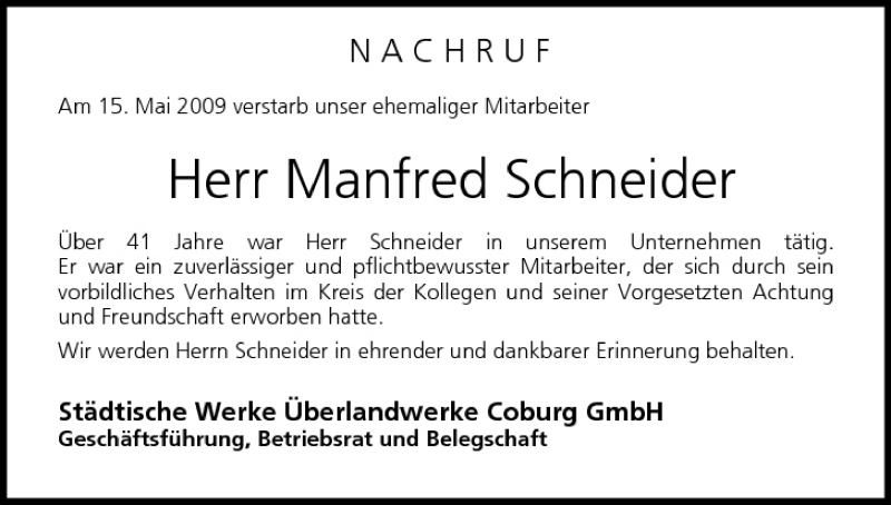  Traueranzeige für Manfred Schneider vom 20.05.2009 aus MGO