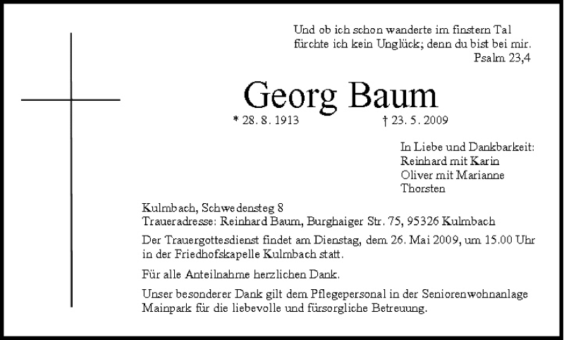 Georg Baum Traueranzeige Trauer Infranken De