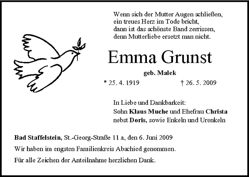  Traueranzeige für Emma Grunst vom 06.06.2009 aus MGO