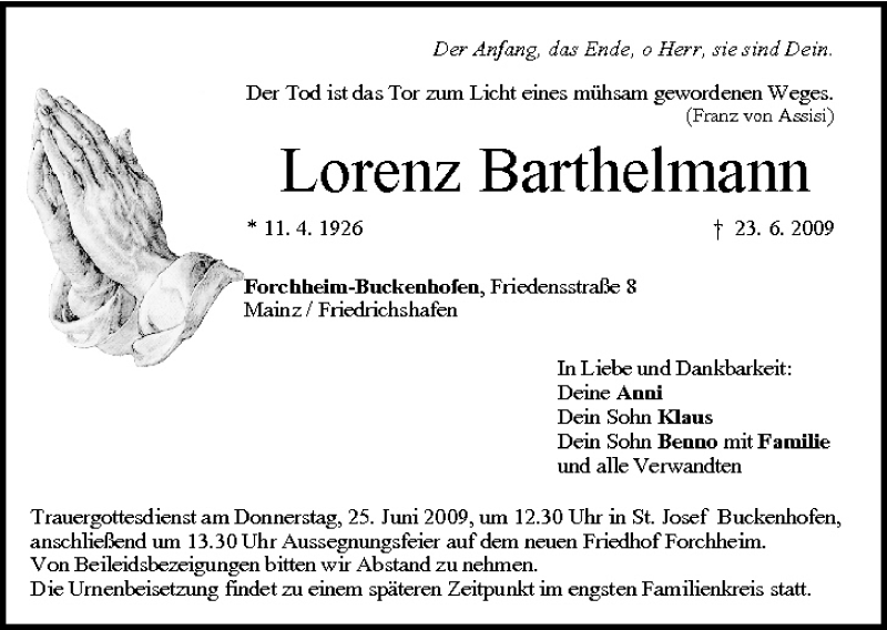 Traueranzeige für Lorenz Barthelmann vom 24.06.2009 aus MGO