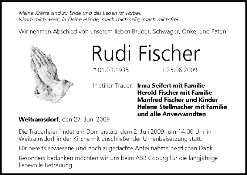  Traueranzeige für Rudi Fischer vom 27.06.2009 aus MGO