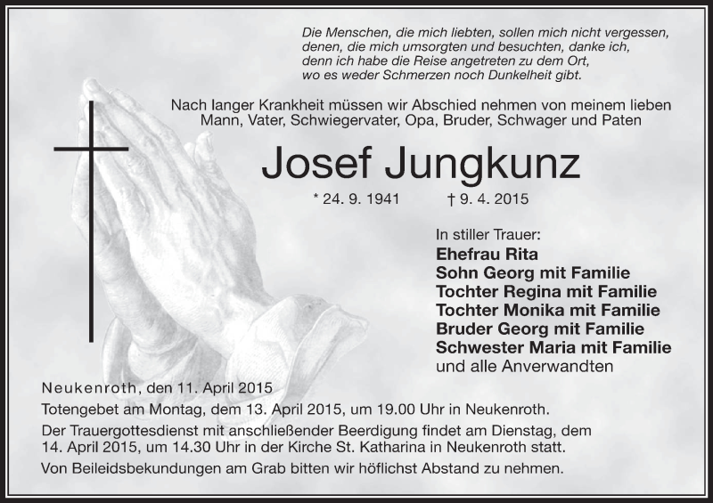  Traueranzeige für Josef Jungkunz vom 11.04.2015 aus MGO