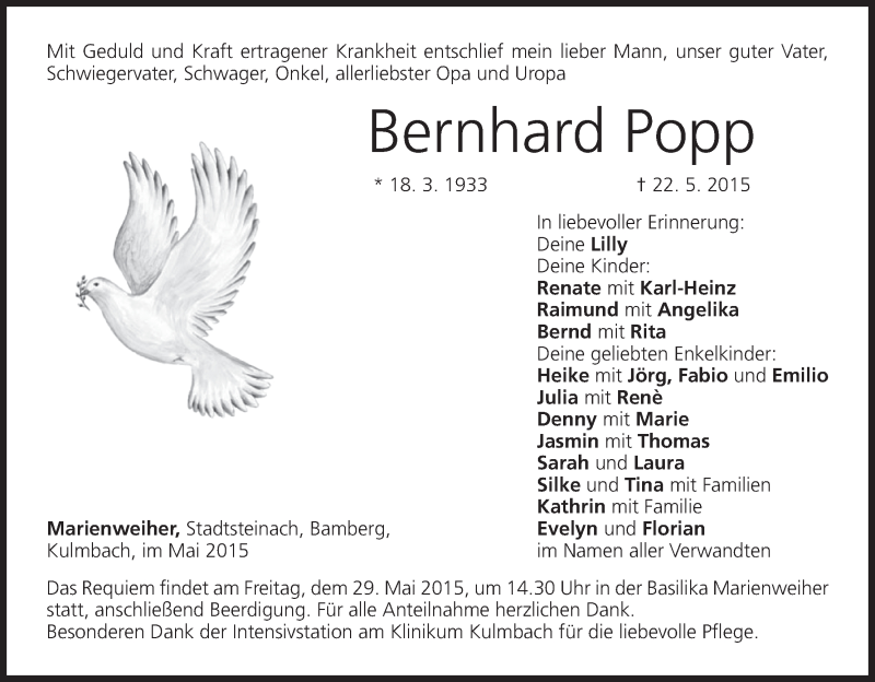  Traueranzeige für Bernhard Popp vom 26.05.2015 aus MGO