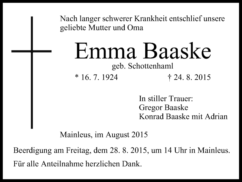  Traueranzeige für Emma Baaske vom 28.08.2015 aus MGO