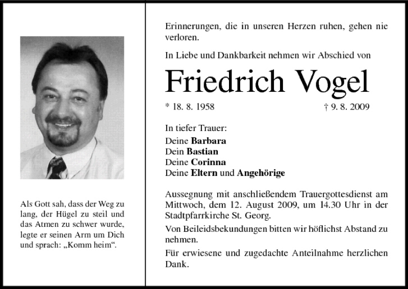  Traueranzeige für Friedrich Vogel vom 11.08.2009 aus MGO
