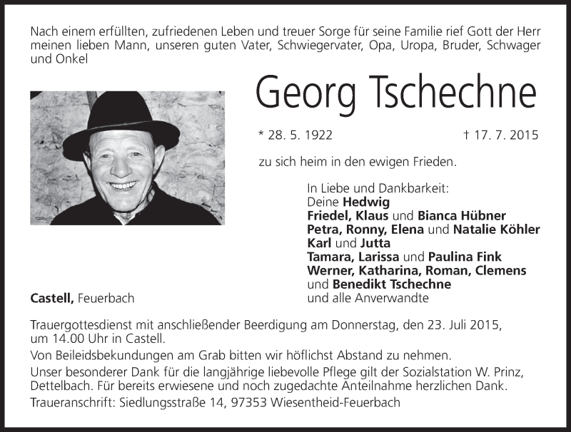  Traueranzeige für Georg Tschechne vom 21.07.2015 aus MGO