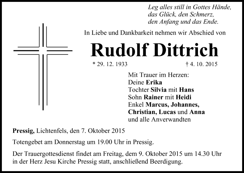  Traueranzeige für Rudolf Dittrich vom 07.10.2015 aus MGO
