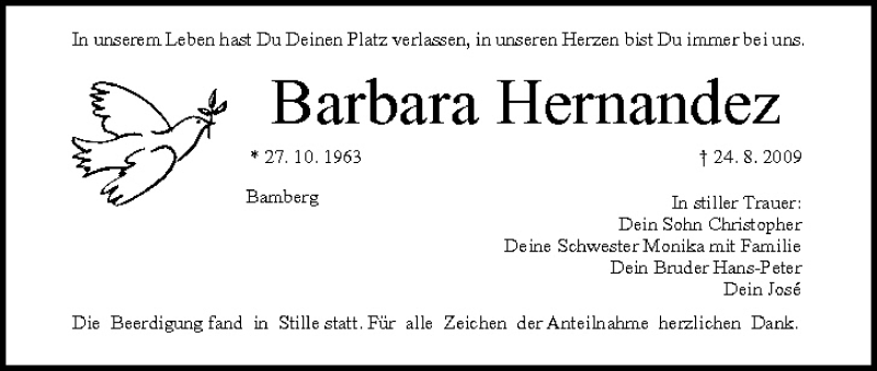  Traueranzeige für Barbara Hernandez vom 01.09.2009 aus MGO