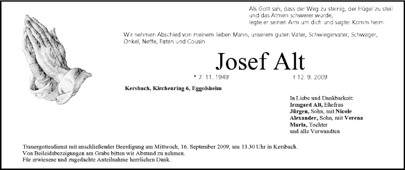  Traueranzeige für Josef Alt vom 15.09.2009 aus MGO