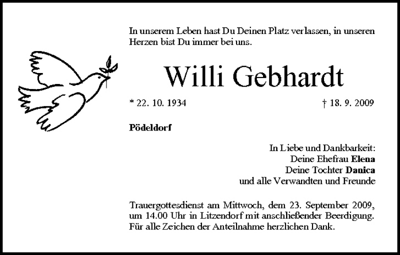  Traueranzeige für Willi Gebhardt vom 21.09.2009 aus MGO