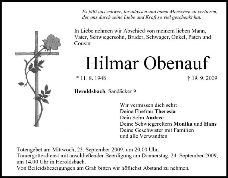  Traueranzeige für Hilmar Obenauf vom 22.09.2009 aus MGO