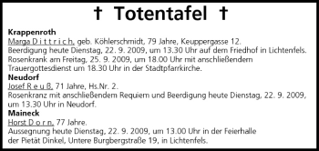 Anzeige von Totentafel vom 22.09.2009 von MGO