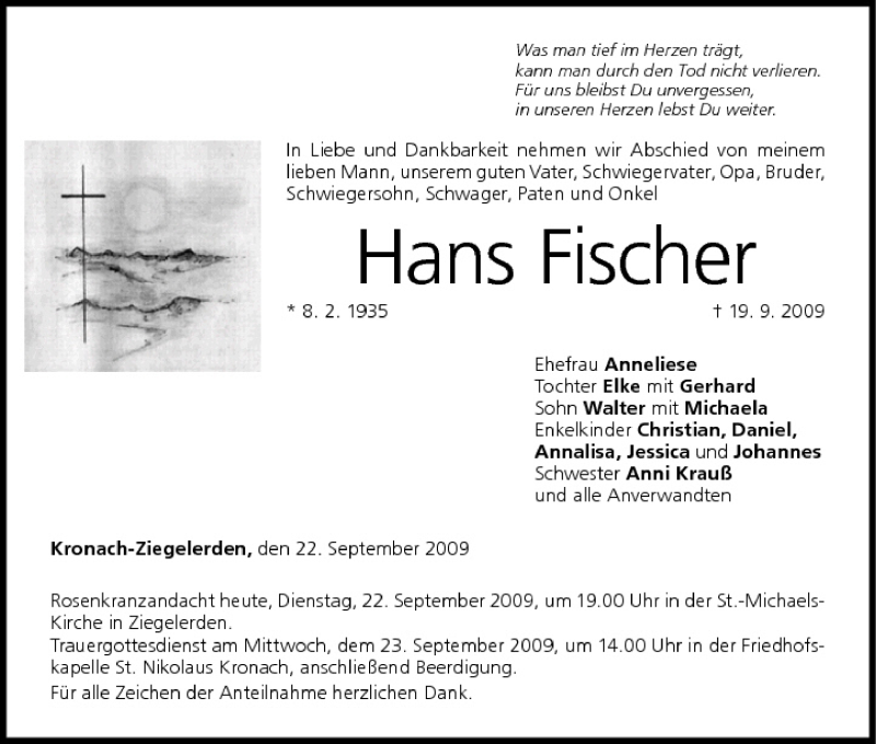  Traueranzeige für Hans Fischer vom 22.09.2009 aus MGO