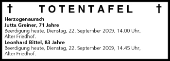 Anzeige von Totentafel vom 22.09.2009 von MGO