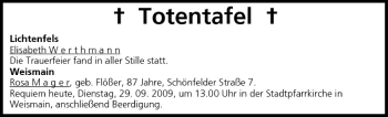 Anzeige von Totentafel vom 29.09.2009 von MGO
