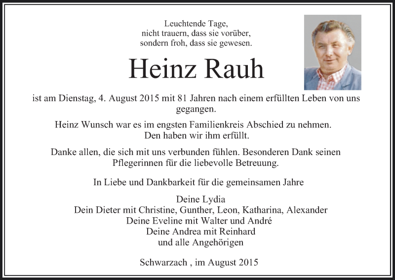  Traueranzeige für Heinz Rauh vom 15.08.2015 aus MGO