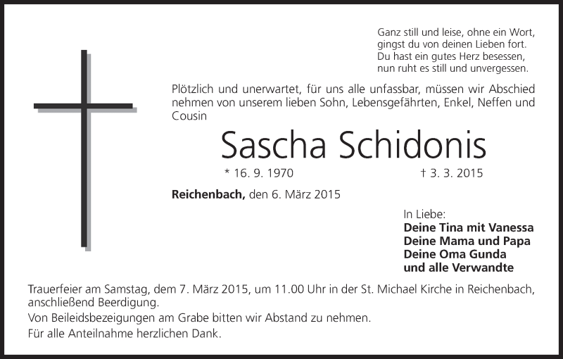  Traueranzeige für Sascha Schidonis vom 06.03.2015 aus MGO