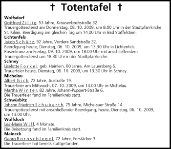 Anzeige von Totentafel vom 06.10.2009 von MGO