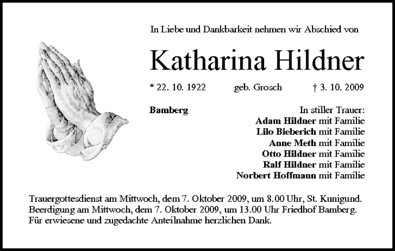 Traueranzeige für Katharina Hildner vom 06.10.2009 aus MGO