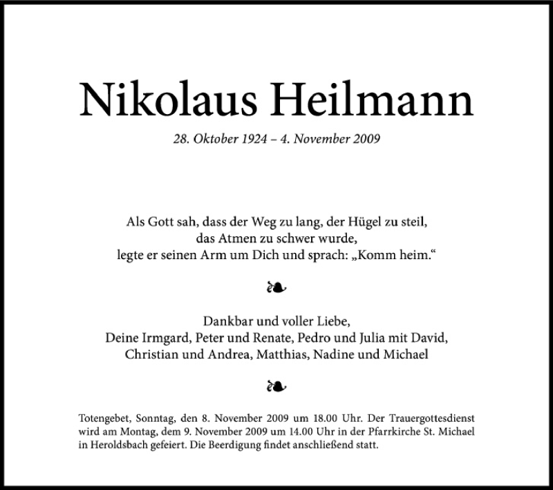  Traueranzeige für Nikolaus Heilmann vom 07.11.2009 aus MGO