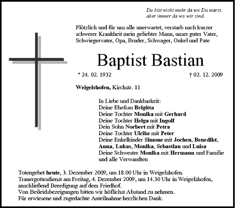  Traueranzeige für Baptist Bastian vom 03.12.2009 aus MGO