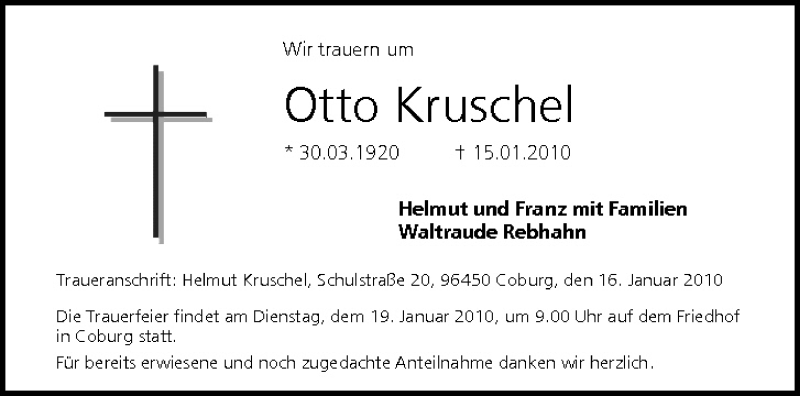  Traueranzeige für Otto Kruschel vom 16.01.2010 aus MGO