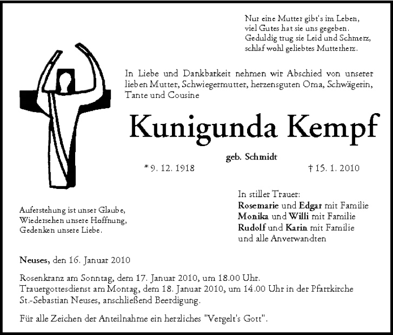  Traueranzeige für Kunigunda Kempf vom 16.01.2010 aus MGO