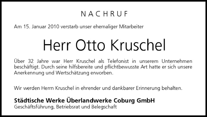  Traueranzeige für Otto Kruschel vom 19.01.2010 aus MGO