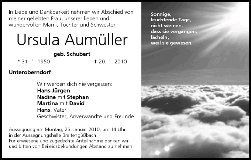  Traueranzeige für Ursula Aumüller vom 23.01.2010 aus MGO