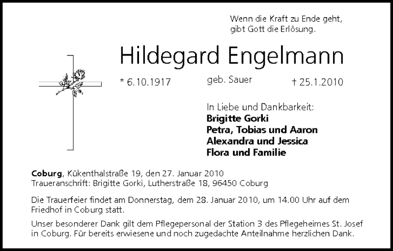  Traueranzeige für Hildegard Engelmann vom 27.01.2010 aus MGO
