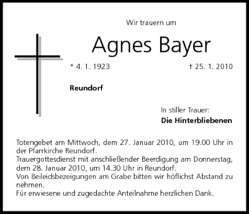  Traueranzeige für Agnes Bayer vom 27.01.2010 aus MGO