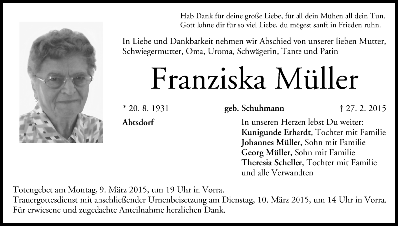  Traueranzeige für Franziska Müller vom 07.03.2015 aus MGO