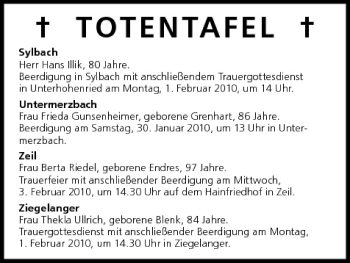 Anzeige von Totentafel vom 30.01.2010 von MGO