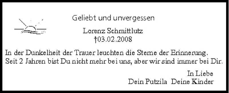  Traueranzeige für Lorenz Schmittlutz vom 03.02.2010 aus MGO